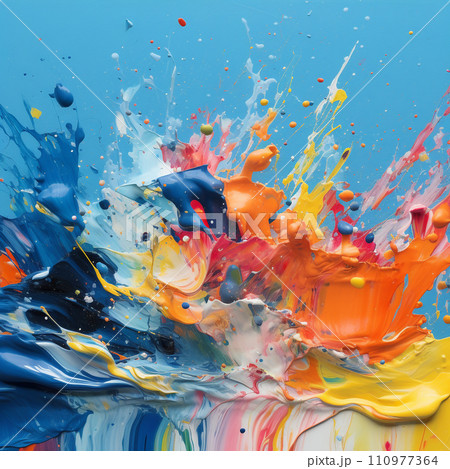 Abstract painting from multicolored oil paint: orange, blue, red,  and yellow.  Oil paint splashes on a textured blue background. Art AI generated. 110977364