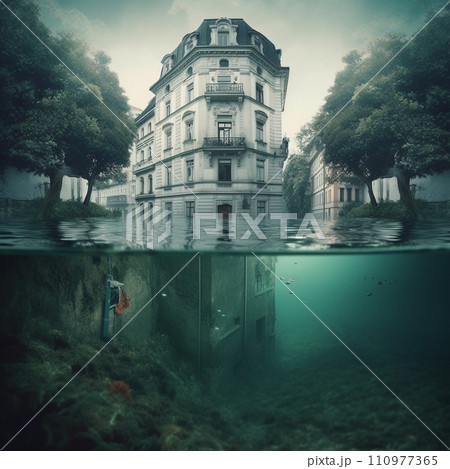 An art composition of a flooded old European city in matte tones. Underwater view  through the old buildings in Paris. Illustration of a house half flooded by water. AI generated 110977365