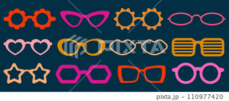 Groovy vector sunglasses. Retro hippy eyewear. Heart star and flower-shaped glasses. 70s funky design. Set of summer outfit 110977420