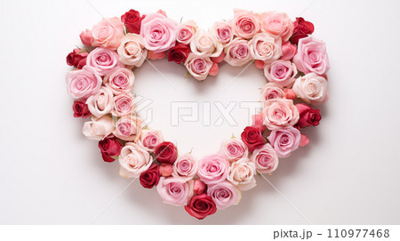Generative AI Heart-shaped arrangement of roses in shades of pink and red on a white background, a symbol of love. Generative AI Heart-shaped arrangement of roses in shades of pink and red on a white background, a symbol of love. 110977468
