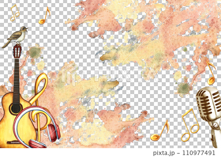 The frame is musical with a guitar, microphone and treble clef on watercolor splashes. The watercolor illustration is drawn. For posters, flyers and invitation card. For greeting card and certificate. The frame is musical with a guitar, microphone and treble clef on watercolor splashes. The watercolor illustration is drawn. For posters, flyers and invitation card. For greeting card and certificate. 110977491