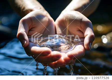 Woman hands scooping fresh and clear water, water conservation concept. generative ai 110977526