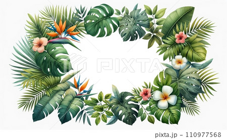 Generative AI detailed watercolor illustration of a tropical floral frame with monstera leaves, hibiscus, and bird of paradise flowers, combining lush greenery with vibrant colors. 110977568