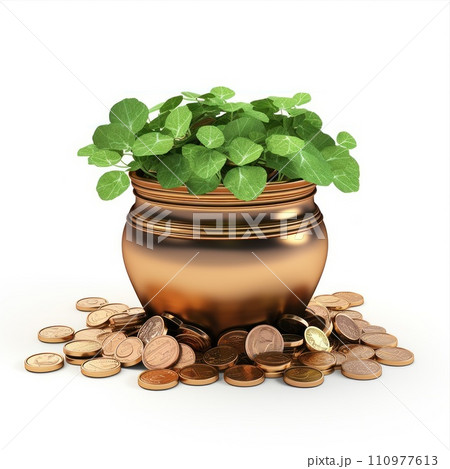gold coins in a green pot isolated on white gold coins in a green pot isolated on white 110977613