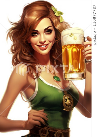 A girl in green clothes with a mug of beer. St. Patrick's Day celebration A girl in green clothes with a mug of beer. St. Patrick's Day celebration 110977787