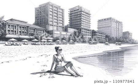Generative AI The image is a detailed pencil sketch of a beach scene with a woman sitting on the sand, high-rise buildings in the background, and beach umbrellas. 110977841