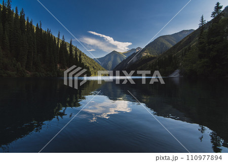 landscape with Lake Kolsai in Tien Shan mountains in Kazakhstan in summer landscape with Lake Kolsai in Tien Shan mountains in Kazakhstan in summer 110977894
