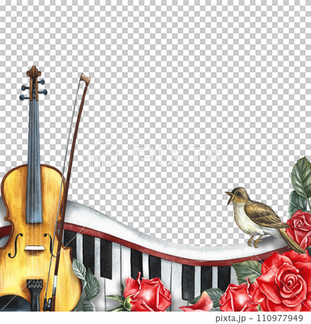 The frame is musical with a violin, piano keys, roses and a nightingale. The watercolor illustration is hand-drawn. For posters, flyers and invitation cards. For greeting cards and certificates. The frame is musical with a violin, piano keys, roses and a nightingale. The watercolor illustration is hand-drawn. For posters, flyers and invitation cards. For greeting cards and certificates. 110977949