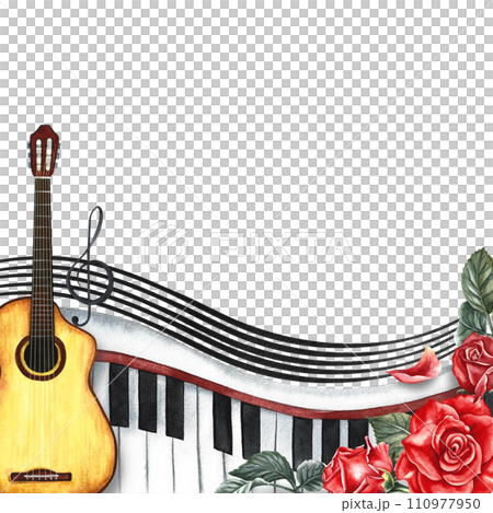 The frame is musical with guitars, piano keys, roses and musical strings. The watercolor illustration is hand-drawn. For posters, flyers and invitation cards. For greeting cards and certificates. The frame is musical with guitars, piano keys, roses and musical strings. The watercolor illustration is hand-drawn. For posters, flyers and invitation cards. For greeting cards and certificates. 110977950