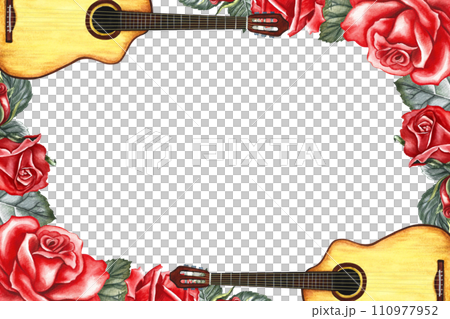 The frame is musical with guitars and red roses. The watercolor illustration is hand-drawn. For posters, flyers and invitation cards. For greeting cards and certificates. The frame is musical with guitars and red roses. The watercolor illustration is hand-drawn. For posters, flyers and invitation cards. For greeting cards and certificates. 110977952