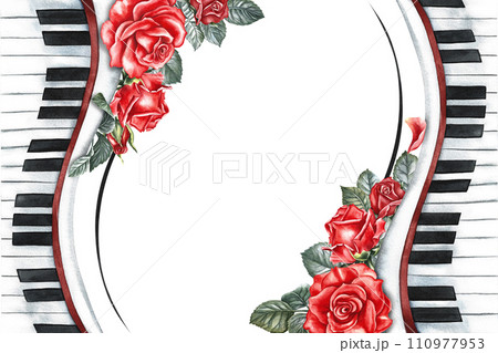 Border frame with musical piano keys decorated with roses. The watercolor illustration is hand-drawn. For posters, flyers, greeting cards and invitation cards. For posters, banners and postcards. Border frame with musical piano keys decorated with roses. The watercolor illustration is hand-drawn. For posters, flyers, greeting cards and invitation cards. For posters, banners and postcards. 110977953