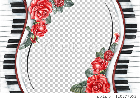 Border frame with musical piano keys decorated with roses. The watercolor illustration is hand-drawn. For posters, flyers, greeting cards and invitation cards. For posters, banners and postcards. Border frame with musical piano keys decorated with roses. The watercolor illustration is hand-drawn. For posters, flyers, greeting cards and invitation cards. For posters, banners and postcards. 110977953