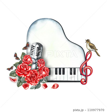 The piano is white, top view, with red roses, a treble clef and a microphone. The watercolor illustration is hand-drawn. For posters, flyers and invitation cards. For postcards, logos, badge, sticker 110977970