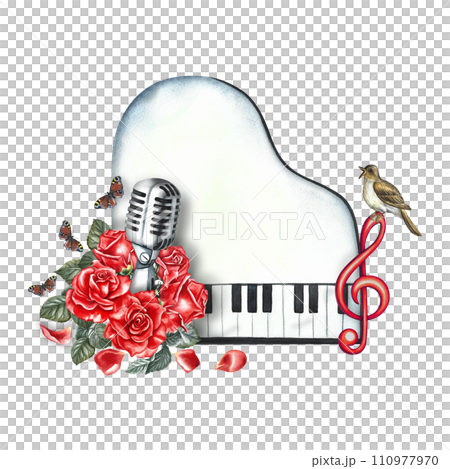 The piano is white, top view, with red roses, a treble clef and a microphone. The watercolor illustration is hand-drawn. For posters, flyers and invitation cards. For postcards, logos, badge, sticker 110977970