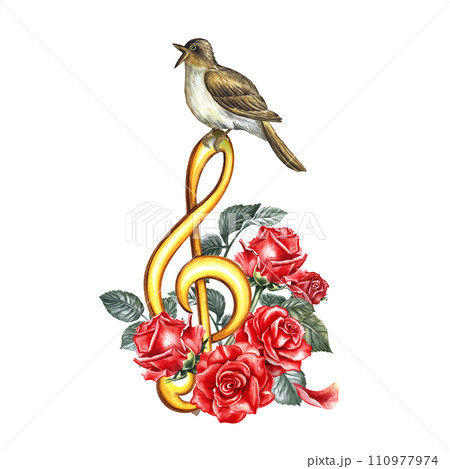 A golden treble clef decorated with a nightingale and roses. The watercolor illustration is hand-drawn. Highlight it. For logos, badges, stickers and prints. For postcards, business cards, flyers. A golden treble clef decorated with a nightingale and roses. The watercolor illustration is hand-drawn. Highlight it. For logos, badges, stickers and prints. For postcards, business cards, flyers. 110977974