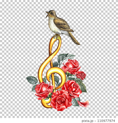 A golden treble clef decorated with a nightingale and roses. The watercolor illustration is hand-drawn. Highlight it. For logos, badges, stickers and prints. For postcards, business cards, flyers. A golden treble clef decorated with a nightingale and roses. The watercolor illustration is hand-drawn. Highlight it. For logos, badges, stickers and prints. For postcards, business cards, flyers. 110977974