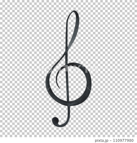 The treble clef is black. The watercolor illustration is hand-drawn. Highlight it. For logos, badges, stickers and prints. For postcards, business cards, flyers and posters. 110977980