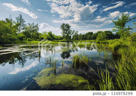 Wetlands and natural carbon sink concept. Wetlands forest with reflections in water. Freshwater wetland. Body of water. Landscape of natural carbon capture. Sustainable Ecosystems. Generative AI. 110978299