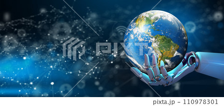 AI Robot hand holding World Technology Connection with Abstract Background. Global Connected with Artificial Intelligence Concept. Elements furnished by NASA. 3D Rendering. 110978301