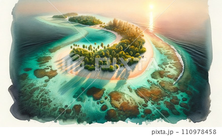 Generative AI A tranquil tropical paradise glows at sunset, with clear waters gently lapping at the pristine sandy shores surrounded by palm trees. 110978458