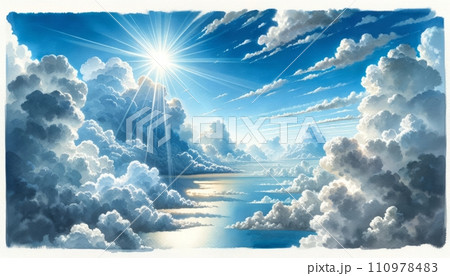 Generative AI The image is a tranquil watercolor painting depicting a radiant sunburst piercing through a vast expanse of fluffy cumulus clouds, reflected over a serene body of water. 110978483