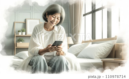 Generative AI The image features an elderly woman with silver hair, smiling at her tablet in a sunlit bedroom, styled in watercolor. Generative AI The image features an elderly woman with silver hair, smiling at her tablet in a sunlit bedroom, styled in watercolor. 110978714