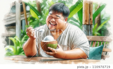 Generative AI Joyful man eating ice cream in a tropical outdoor setting. Generative AI Joyful man eating ice cream in a tropical outdoor setting. 110978719