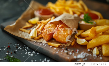 Close up of fish and chips with french fries. Fast food and advertisement concept. 110978775