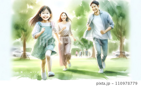 Generative AI Family enjoying a walk in the park. 110978779