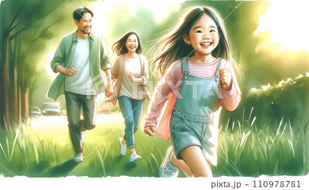 Generative AI Family enjoying a walk in the park. 110978781