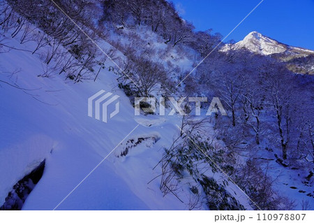 冬季妙高山の燕温泉登山道林道からの山頂 冬季妙高山の燕温泉登山道林道からの山頂 110978807