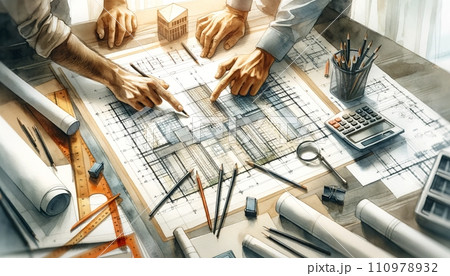 Generative AI Architects working on a building plan with tools and blueprints. Generative AI Architects working on a building plan with tools and blueprints. 110978932