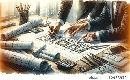 Generative AI Architects working on a building plan with tools and blueprints. Generative AI Architects working on a building plan with tools and blueprints. 110978933