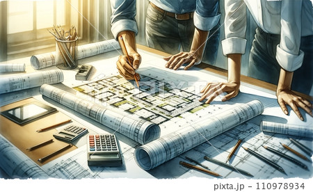 Generative AI Architects working on a building plan with tools and blueprints. Generative AI Architects working on a building plan with tools and blueprints. 110978934