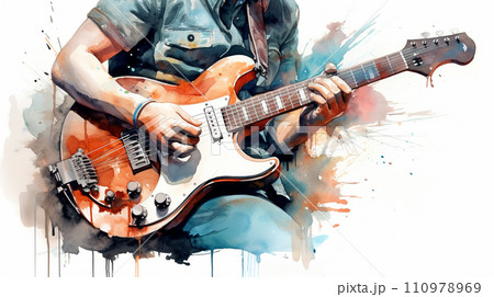 AIイラスト、水彩で描いたギター 110978969