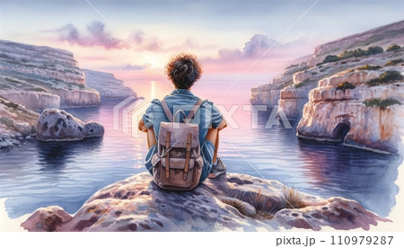 Generative AI A solitary figure admires a tranquil seaside sunset. 110979287