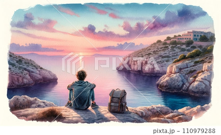 Generative AI A solitary figure admires a tranquil seaside sunset. 110979288