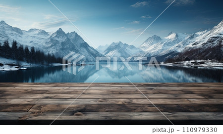 AI-generated content. Polished wooden surface against the background of large snow-capped mountains. Product demonstration. Generative AI 110979330