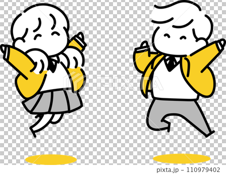 Male and female students jumping Male and female students jumping 110979402