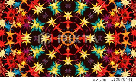 Abstract colorful kaleidoscopic pattern with bright glowing christmas stars Abstract colorful kaleidoscopic pattern with bright glowing christmas stars 110979441
