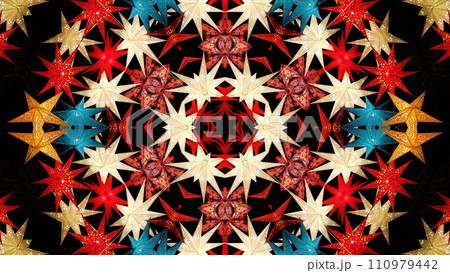 Abstract colorful kaleidoscopic pattern with bright glowing christmas stars 110979442