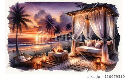 Generative AI An outdoor bed with a sunset beach view, draped with sheer curtains and lit by soft lanterns. 110979510
