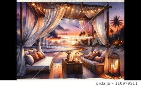 Generative AI An outdoor bed with a sunset beach view, draped with sheer curtains and lit by soft lanterns. 110979511