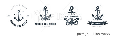Set of sea traveling logos. Vintage stamps with anchor icons. Maritime cruise. Nautical badges collection. Vector templates for ocean voyages on white background Set of sea traveling logos. Vintage stamps with anchor icons. Maritime cruise. Nautical badges collection. Vector templates for ocean voyages on white background 110979655