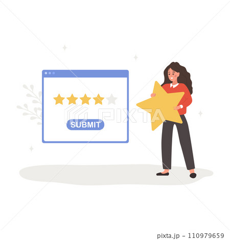 Customer review concept. Woman holding star and giving five stars rating. Dialog window in application with feedback. Positive response. Vector illustration in flat cartoon style Customer review concept. Woman holding star and giving five stars rating. Dialog window in application with feedback. Positive response. Vector illustration in flat cartoon style 110979659