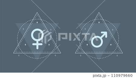 Female and male symbols in boho style. Gender icons with stars and moon. Vector illustration isolated on blue background Female and male symbols in boho style. Gender icons with stars and moon. Vector illustration isolated on blue background 110979660