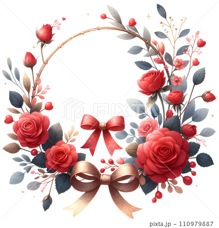 watercolor wreath with red roses and branches watercolor wreath with red roses and branches 110979887