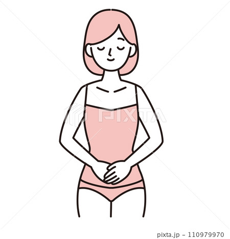 お腹・腹部に手を当てて微笑む若い女性のシンプルイラスト ピンク お腹・腹部に手を当てて微笑む若い女性のシンプルイラスト ピンク 110979970