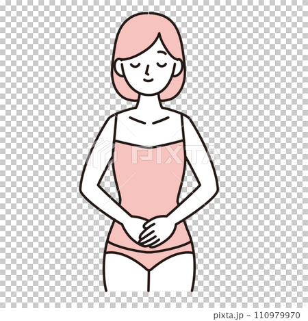 お腹・腹部に手を当てて微笑む若い女性のシンプルイラスト ピンク お腹・腹部に手を当てて微笑む若い女性のシンプルイラスト ピンク 110979970