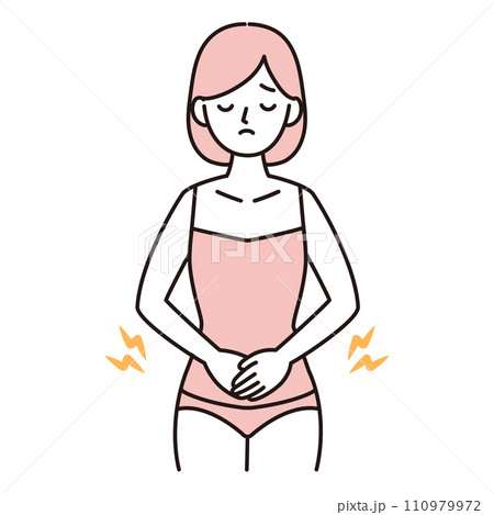 便秘や生理痛などで腹部が痛む若い女性のシンプルイラスト ピンク 便秘や生理痛などで腹部が痛む若い女性のシンプルイラスト ピンク 110979972